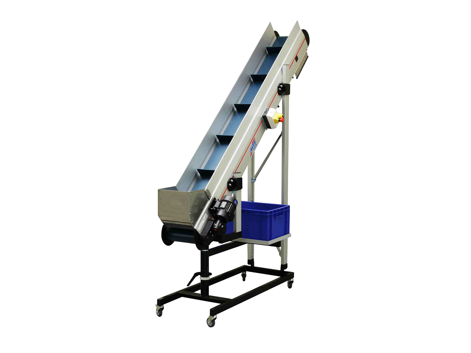Gerader Gurtförderer GLD-LD 120 Sonder mit Aufgabetrichter, dunkelblauem Stollengurt und fahrbarem Untergestell